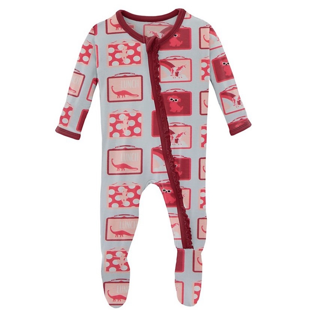 NWT Kickee Pants Lunchboxes Footie Zip Ruffle Bottom Pajamas Baby Girl Sz 0-3 M